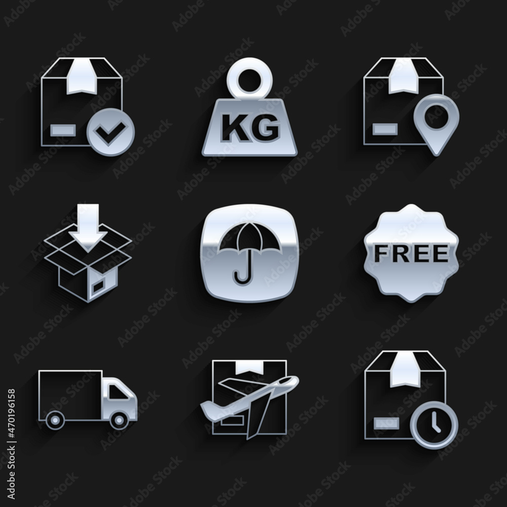 Set Delivery package with umbrella, Plane and cardboard box, Cardboard clock, rice tag Free, cargo truck, Carton, Location and check mark icon. Vector Set Delivery package with umbrella, Plane and cardboard box, Cardboard clock, rice tag Free, cargo truck, Carton, Location and check mark icon. Vector