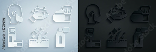 Set Oil for hair care treatment, Shaving brush with foam, gel, Aftershave atomizer, on hand and Mustache beard icon. Vector
