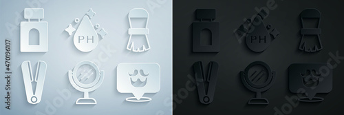 Set Hand mirror, Shaving brush, Curling iron for hair, Barbershop, Oil care treatment and Aftershave icon. Vector