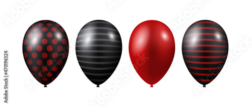 Balloons set. Black, red, striped and polka dot balloons. Balloons for designs for Black Friday. Vector realistic 3d illustration isolated on white background.