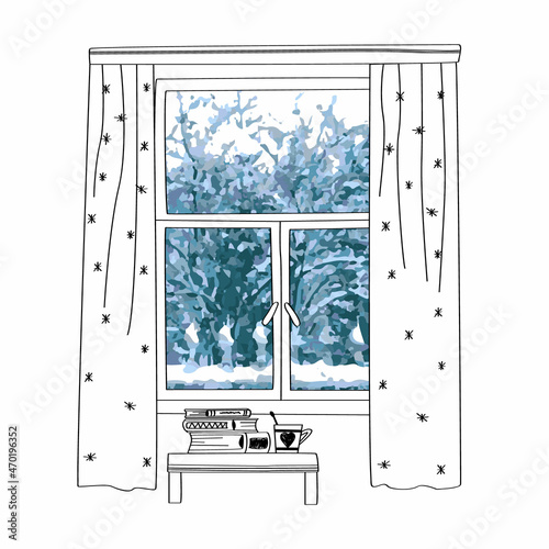 Vector linear mixed doodle illustration depicting a closed window and views of a winter park, an interior with curtains, frame, table, books, cup of tea. The concept coziness, comfort.