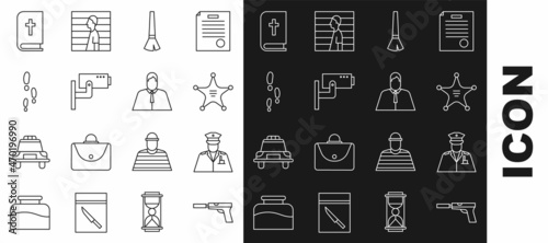 Set line Pistol or gun with silencer, Police officer, Hexagram sheriff, Paint brush, Security camera, Footsteps, Holy bible book and Lawyer, attorney, jurist icon. Vector