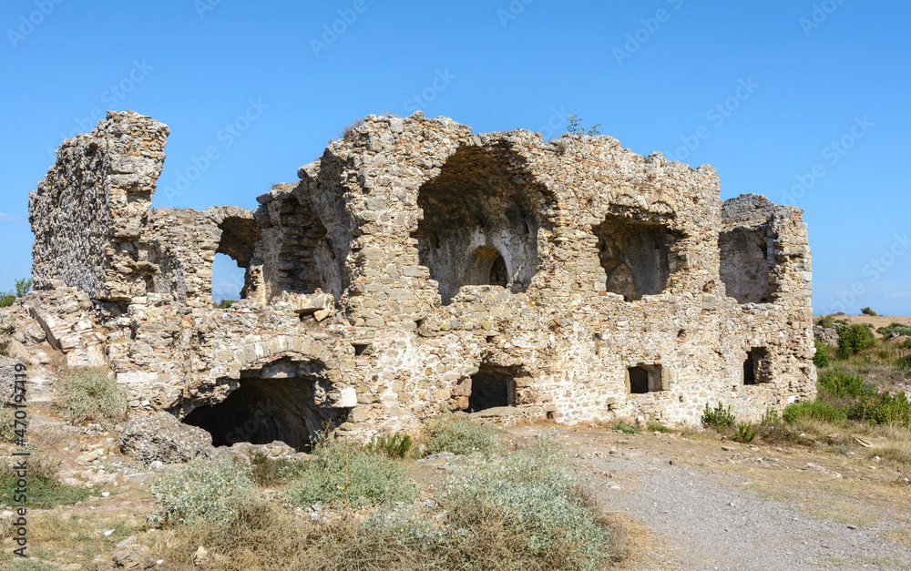 Ruins of a Byzantine hospital in Side. Turkey. Ruins of the antique Side Ruins of a Byzantine hospital in Side. Turkey. Ruins of the antique Side