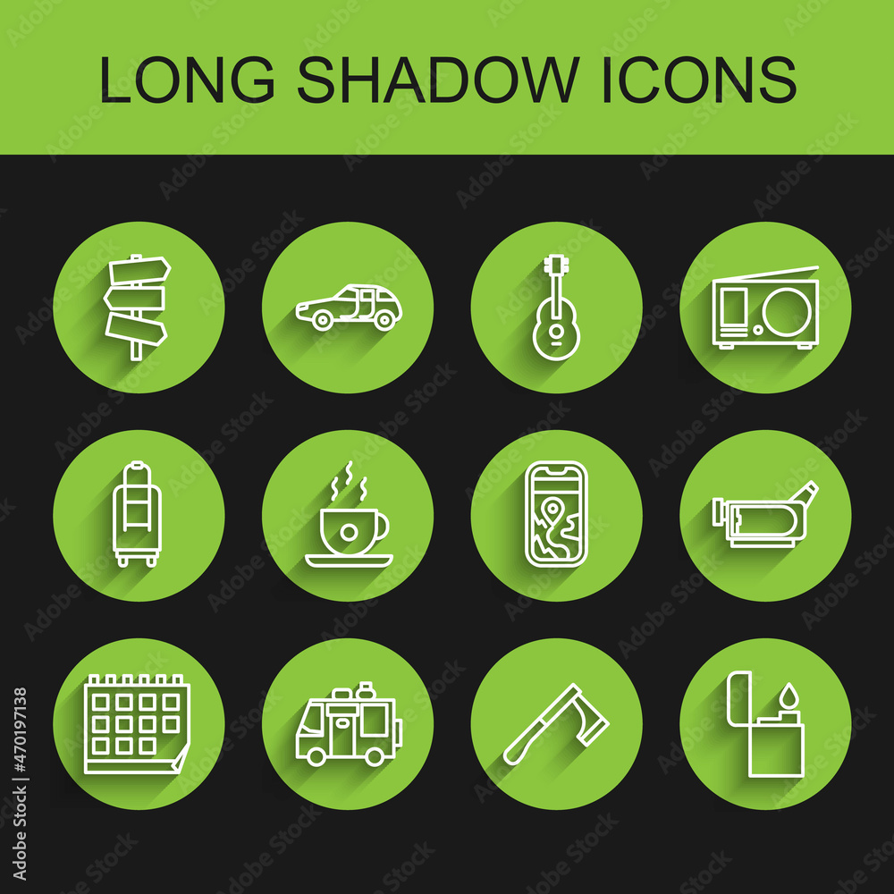 Set line Calendar, Rv Camping trailer, Road traffic signpost, Wooden axe, Lighter, Coffee cup, Cinema camera and City map navigation icon. Vector Set line Calendar, Rv Camping trailer, Road traffic signpost, Wooden axe, Lighter, Coffee cup, Cinema camera and City map navigation icon. Vector