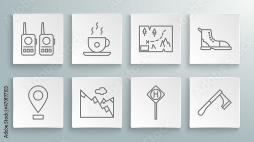 Set line Location, Coffee cup, Mountains, Parking, Wooden axe, Folded map with location, Hiking boot and Walkie talkie icon. Vector