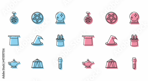 Set line Magic lamp or Aladdin, Circus tent, Unicycle one wheel bicycle, Bottle with love potion, Witch hat, Magician and rabbit ears, and Pentagram circle icon. Vector