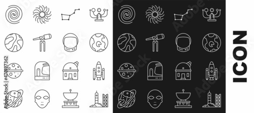 Set line Rocket launch from the spaceport, Space shuttle and rockets, Earth globe, Great Bear constellation, Telescope, Falling stars, Black hole and Astronaut helmet icon. Vector