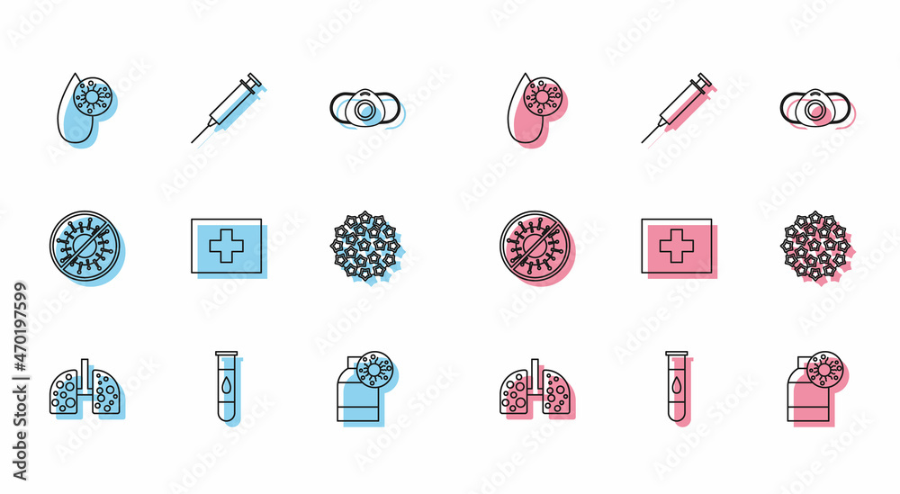 Set line Virus cells in lung, Blood test and virus, Bottle with, First aid kit, Stop and Syringe icon. Vector Set line Virus cells in lung, Blood test and virus, Bottle with, First aid kit, Stop and Syringe icon. Vector