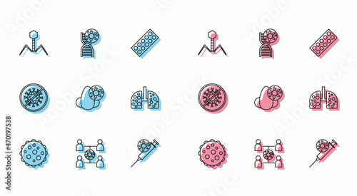 Set line Virus, spread, Bacteria bacteriophage, Syringe and virus, Runny nose, cells lung, Stop and DNA symbol icon. Vector