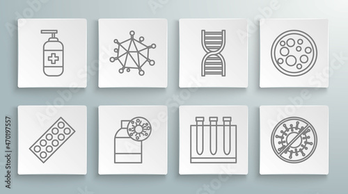 Set line Pills in blister pack, Virus, Bottle with virus, Blood test and, Stop, DNA symbol, and of liquid antibacterial soap icon. Vector