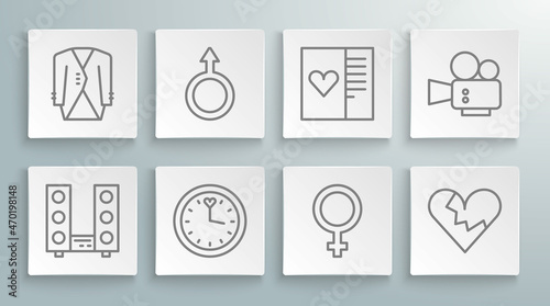 Set line Home stereo with two speakers, Male gender symbol, Clock, Female, Broken heart or divorce, Postcard, Cinema camera and Suit icon. Vector