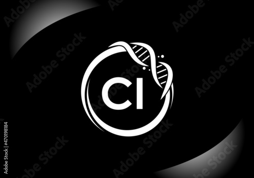 Black letter CI monogram alphabet in a circle with DNA. Genetics logo design concept. Font emblem.Modern vector logo for medicine, science, laboratory, business, and company identity.