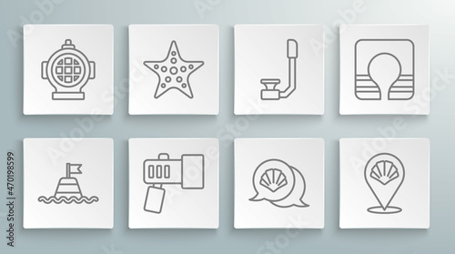 Set line Floating buoy on the sea, Starfish, Flashlight, Scallop shell, Snorkel, Life jacket and Aqualung icon. Vector