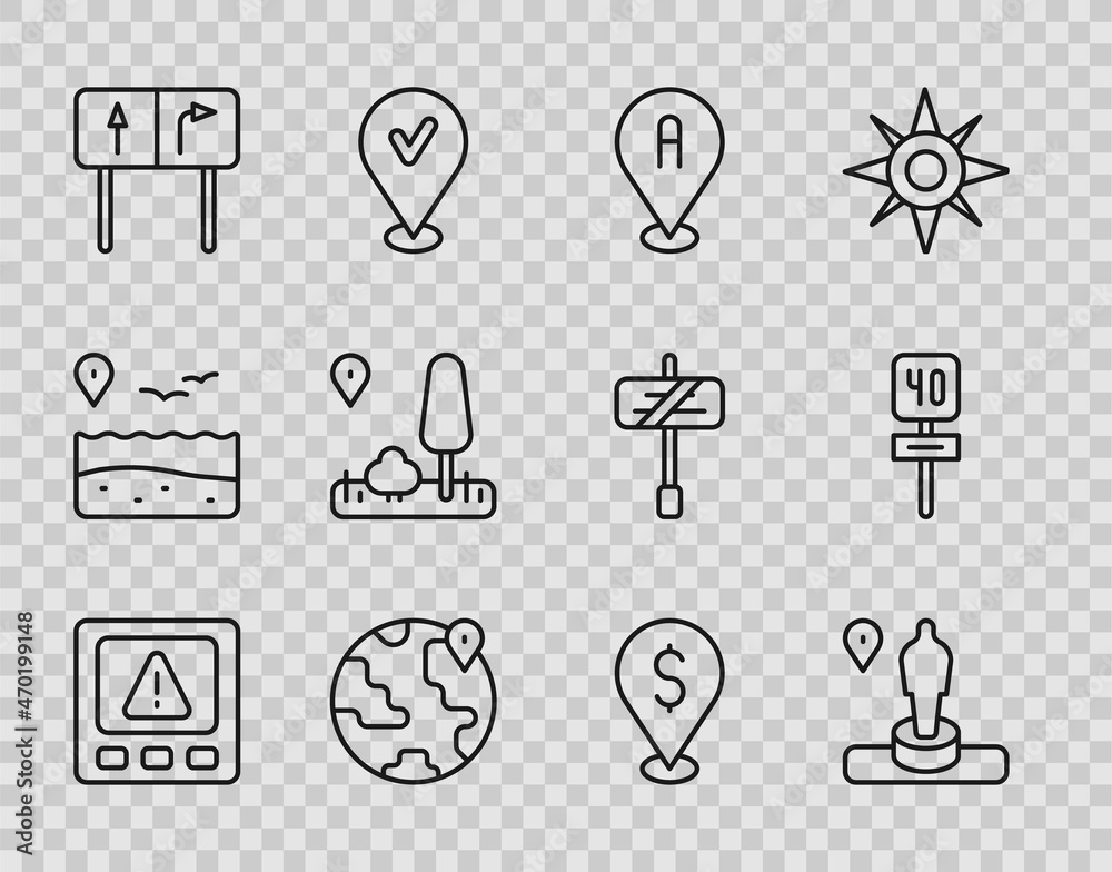 Set line Gps device error, Location and monument, the globe, Road traffic sign, City map navigation, Cash location and icon. Vector Set line Gps device error, Location and monument, the globe, Road traffic sign, City map navigation, Cash location and icon. Vector