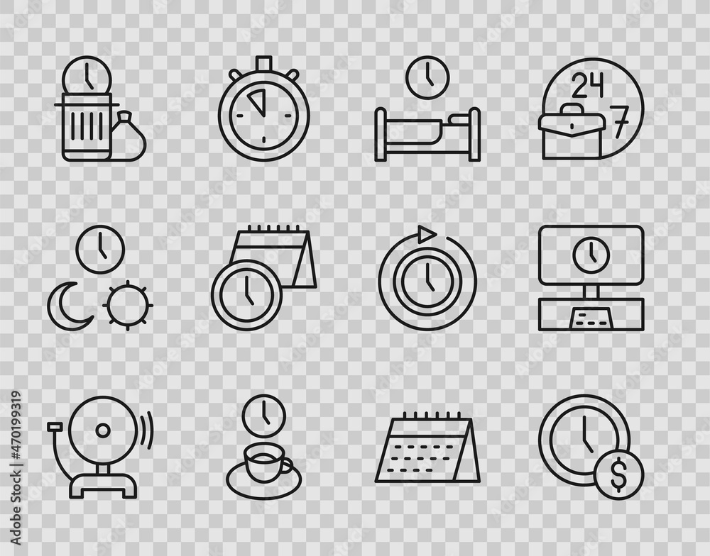 Set line Ringing alarm bell, Time is money, to sleep, Coffee time, Waste, Calendar and clock, and Smart Tv icon. Vector Set line Ringing alarm bell, Time is money, to sleep, Coffee time, Waste, Calendar and clock, and Smart Tv icon. Vector