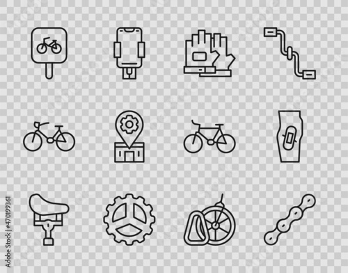 Set line Bicycle seat, chain, Gloves, sprocket crank, parking, repair service, and Plaster on leg icon. Vector