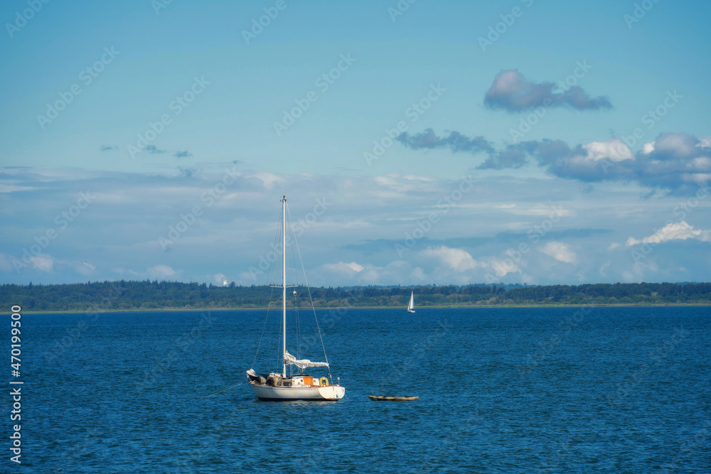 Moored Sailboat in Bellingham Bay on a Windy Day