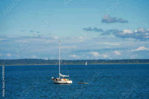 Moored Sailboat in Bellingham Bay on a Windy Day