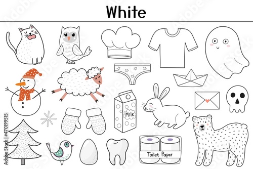 White color objects set. Learning colors for kids. Cute elements collection. Educational background. Vector illustration