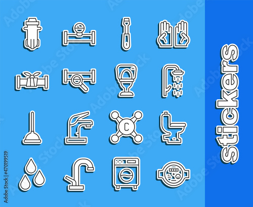 Set line Water meter, Toilet bowl, Shower, Screwdriver, Industry metallic pipe, filter and icon. Vector