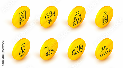 Set line Electric iron, Garbage truck, Lawn mower, Water spray bottle, Bottle for cleaning agent, Cleaning lady service, Stain the tablecloth and Wet floor icon. Vector