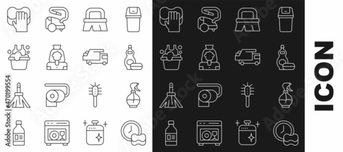 Set line Washing dishes, Water spray bottle, Dishwashing liquid, Brush for cleaning, Cleaning lady service, Basin with soap suds, and Garbage truck icon. Vector