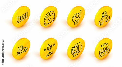 Set line Industrial production of robots, Humanoid, Disassembled, Autonomous smart car, Artificial intelligence, Smart glasses, Robot vacuum cleaner and blueprint icon. Vector