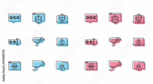 Set line Browser incognito window, Security camera, Password protection, Folder and lock, Laptop with exclamation mark, and shield icon. Vector