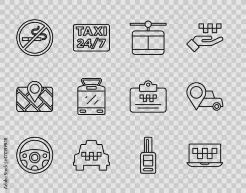 Set line Steering wheel, Laptop call taxi service, Cable car, Taxi, No Smoking, Tram and railway, Car key with remote and Location icon. Vector
