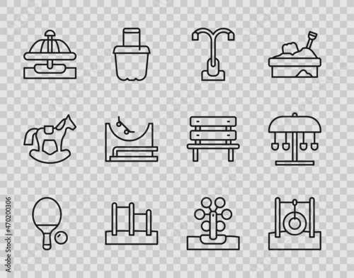 Set line Racket and ball, Car tire hanging on rope, Street light, Horizontal bar, Attraction carousel, Skate park, Ferris wheel and icon. Vector