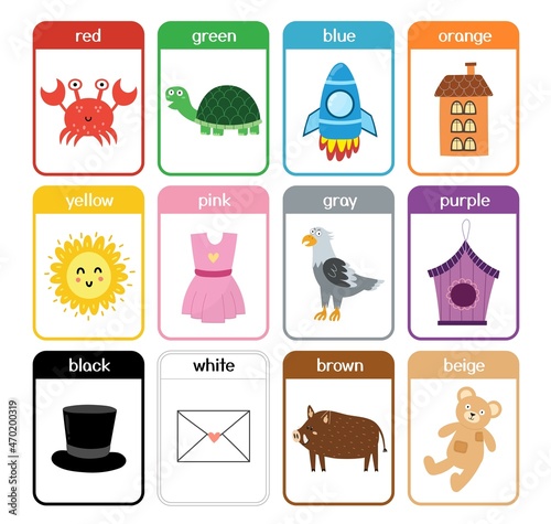 Color flashcards collection with cute animals. Color names and pictures set for preschool. Preschool learning flash cards templates for kids. Vector illustration