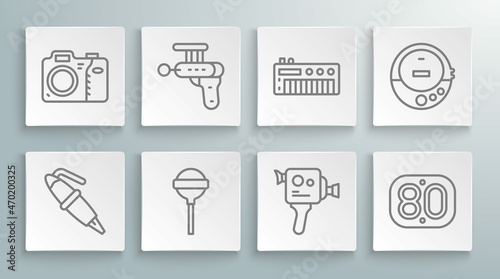 Set line Fountain pen nib, Ray gun, Lollipop, Retro cinema camera, 80s, Music synthesizer, CD player and Photo icon. Vector