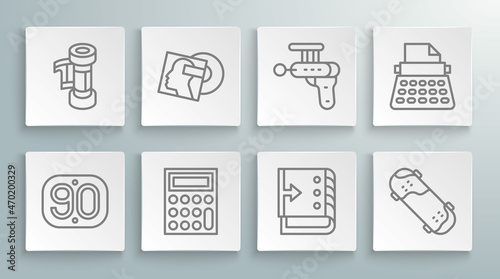 Set line 90s Retro, Vinyl disk, Calculator, Sound mixer controller, Skateboard trick, Ray gun, typewriter and Camera cartridge icon. Vector