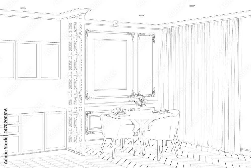 Sketch of a modern classic dining room with a blank vertical poster on the classic wall, round table with chairs near a large window with curtains, kitchen with classic decorative partition. 3d render