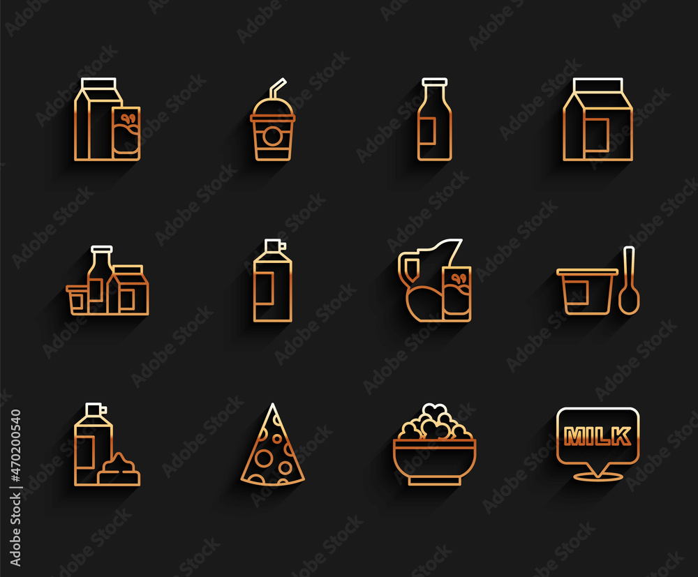 Set line Whipped cream in bottle, Cheese, Paper package for kefir, Cottage cheese, Lettering milk, Yogurt container with spoon and Milk jug pitcher and glass icon. Vector