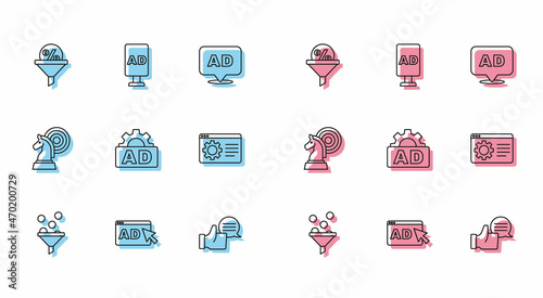 Set line Lead management, Advertising, Customer product rating, Browser setting, Chess and icon. Vector