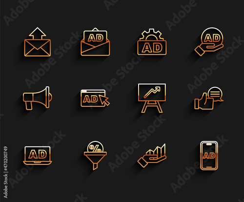 Set line Advertising, Lead management, Mail and e-mail, Pie chart infographic, Customer product rating and Board with icon. Vector