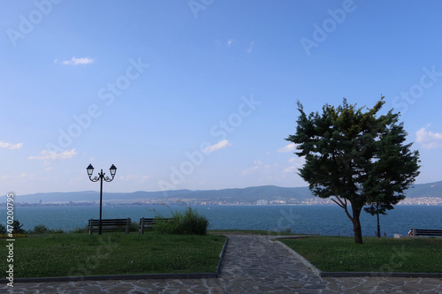 Benches with Black sea view in the town of Nesebar, Bulgaria