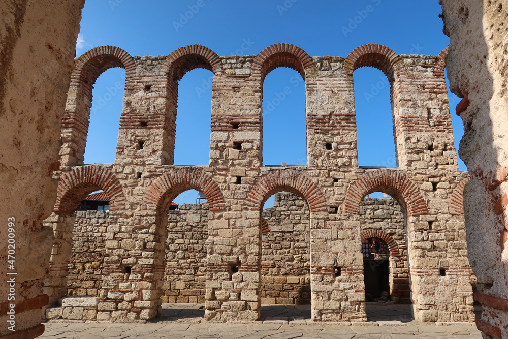Ruins of byzantine Church of Saint Sophia in the old town of Nessebar, Burgas Region, Bulgaria. The Ancient City of Nesebar is a UNESCO World Heritage Site. Architectural details Ruins of byzantine Church of Saint Sophia in the old town of Nessebar, Burgas Region, Bulgaria. The Ancient City of Nesebar is a UNESCO World Heritage Site. Architectural details