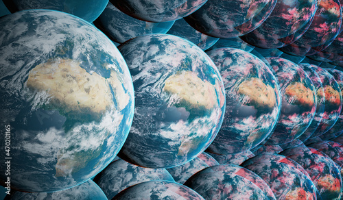 Fototapeta Naklejka Na Ścianę i Meble -  Parallel universes in many worlds interpretation of quantum physics. Multiple Earth planents in multiverse. Elements of this image furnished by NASA. 3D rendered illustration.