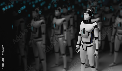 Many humanoid robots. Artificial intelligence concept. 3D rendered illustration.