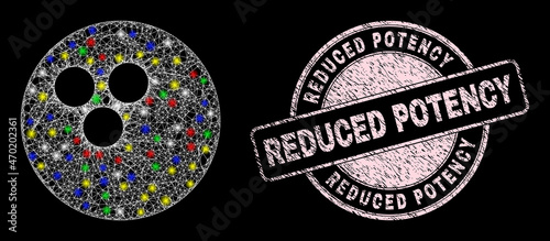 Glossy hatched net mesh bowling ball icon with glare effect on a black background, and Reduced Potency scratched seal. Pink seal has Reduced Potency title inside round form.