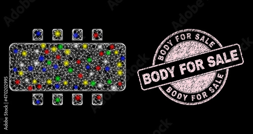 Fotografering Glossy crossing net mesh chip icon with glitter effect on a black background, and Body for Sale dirty stamp