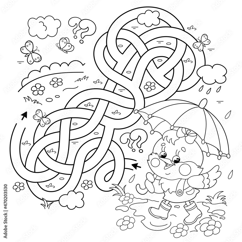 Maze or Labyrinth Game. Puzzle. Tangled road. Coloring Page Outline Of cartoon little chick or chicken with umbrella in the rain. Coloring book for kids.