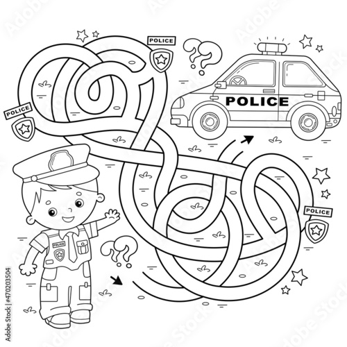 Maze or Labyrinth Game. Puzzle. Tangled road. Coloring Page Outline Of cartoon policeman with car. Profession - police. Coloring book for kids.