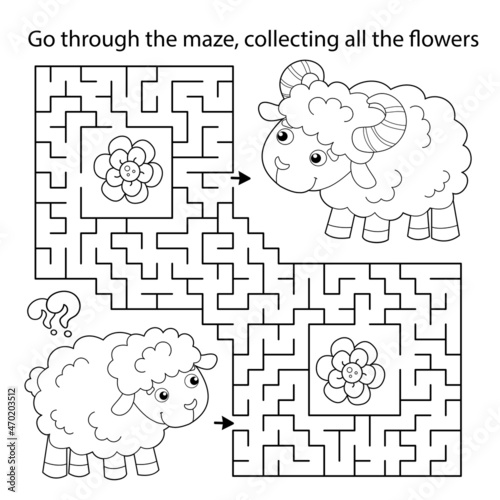 Maze or Labyrinth Game. Puzzle. Coloring Page Outline Of cartoon sheep with little lamb. Farm animals with their cubs. Coloring book for kids.