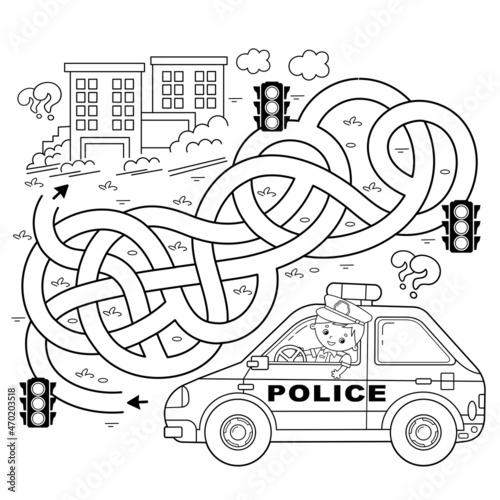 Maze or Labyrinth Game. Puzzle. Tangled road. Coloring Page Outline Of cartoon policeman with car. Profession - police. Coloring book for kids.