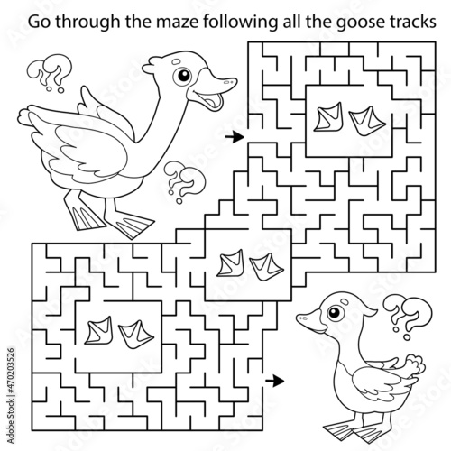 Maze or Labyrinth Game. Puzzle. Coloring Page Outline Of cartoon goose with gosling. Farm animals. Coloring book for kids.