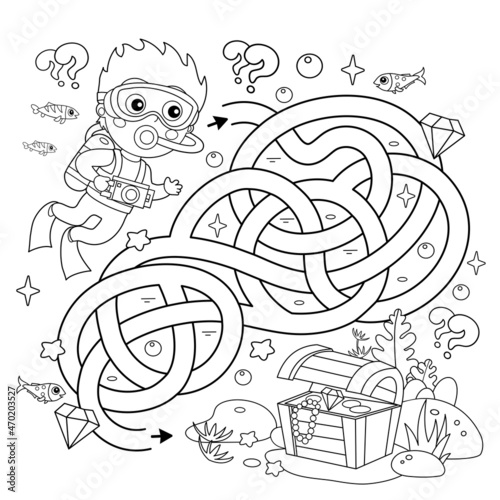 Maze or Labyrinth Game. Puzzle. Tangled road. Coloring Page Outline Of cartoon boy scuba diver with chest of treasure. Marine photography or shooting. Underwater world. Coloring book for kids.