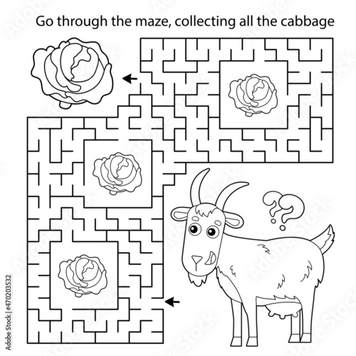 Maze or Labyrinth Game. Puzzle. Coloring Page Outline Of cartoon goat with cabbage. Farm animals. Coloring book for kids.